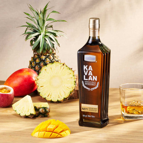 Kavalan Distillery Select No.1 with pineapple, mango and a glass