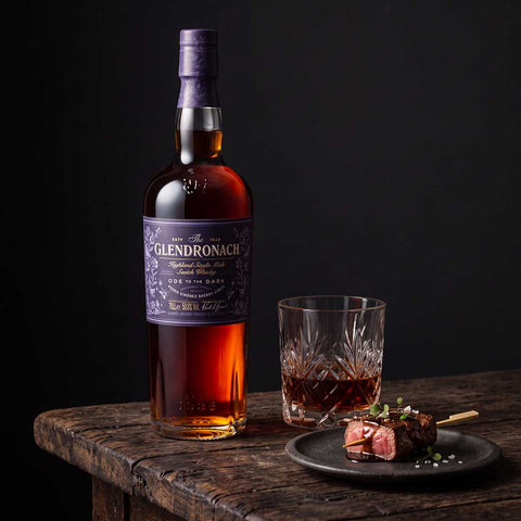 The GlenDronach Ode to the Dark with wagyu beef skewer