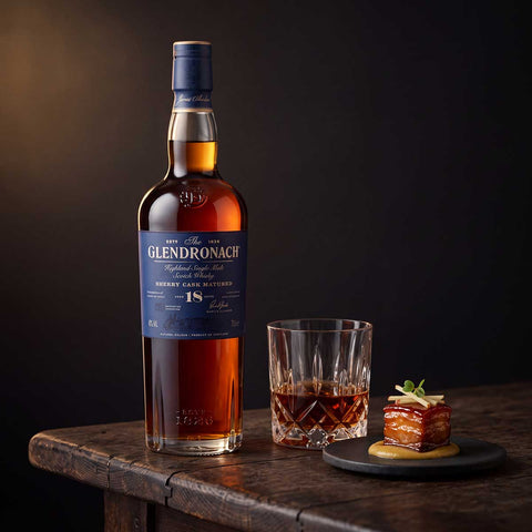 The GlenDronach 18 Year Old with glazed pork belly