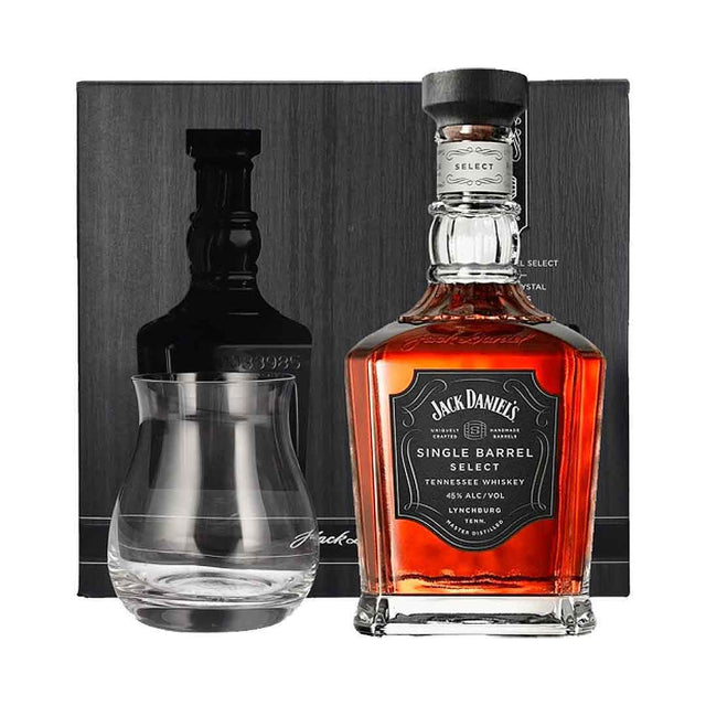 Jack Daniel's Single Barrel Select bottle with Glencairn crystal glass.