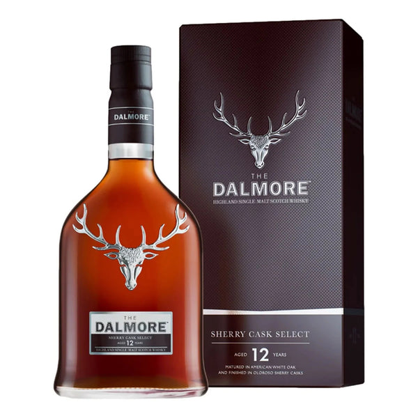 Dalmore 12 Year Old Sherry Cask bottle against neutral background.
