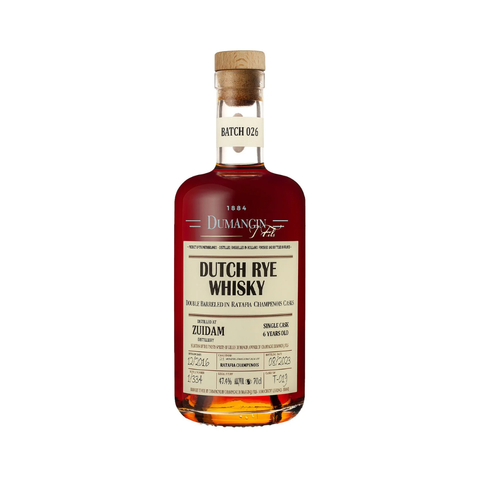 Dumangin Batch 026 Dutch Rye Whisky 700ml bottle against neutral background.