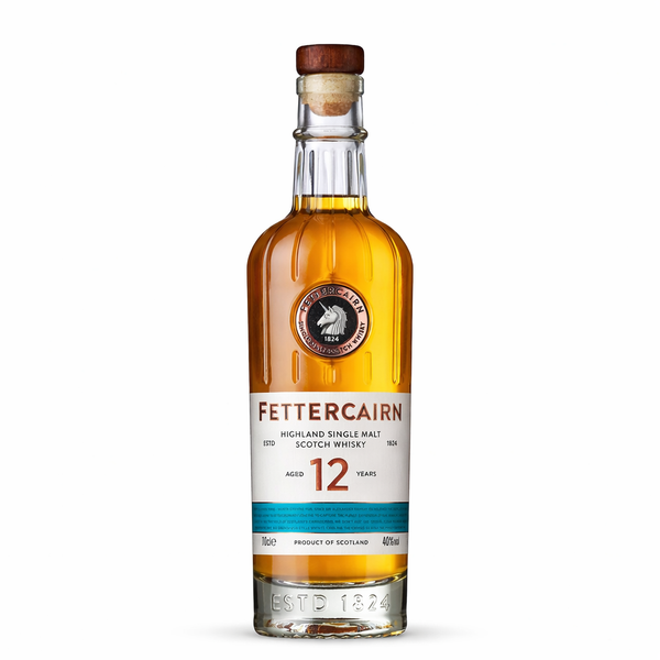Fettercairn 12 Year Old Highland Single Malt Scotch Whisky bottle against white background.