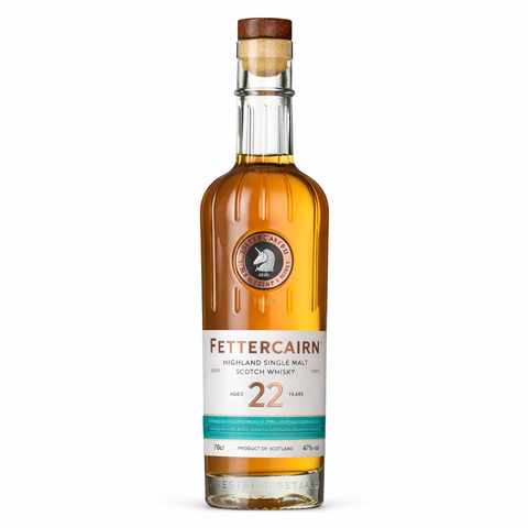 Fettercairn 22 Year Old Highland Single Malt Scotch Whisky bottle against neutral background.