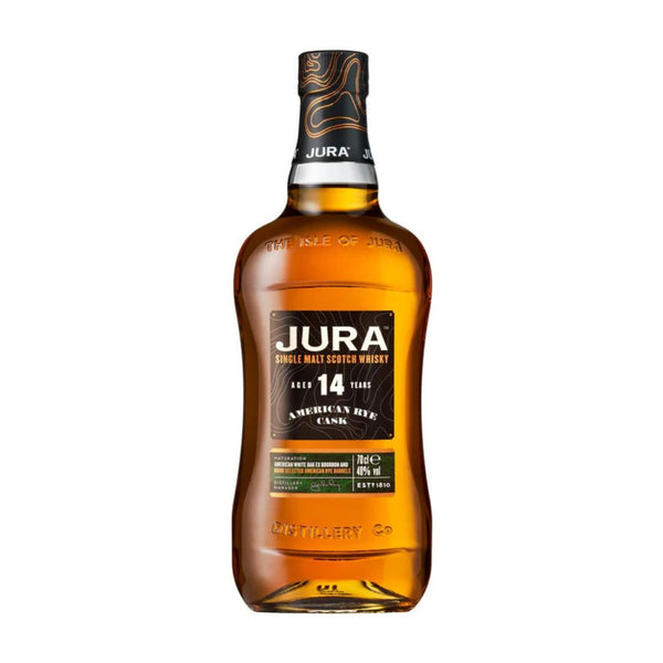 Isle of Jura 14 Year Old American Rye Cask bottle against neutral background.
