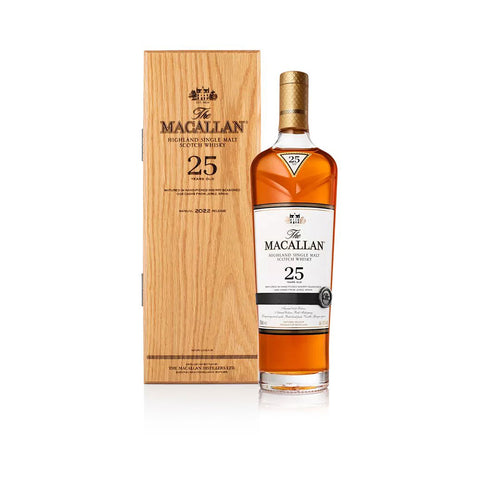 Macallan 25 Year Old Sherry Oak bottle against neutral background.