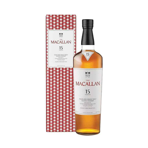 Macallan 15 Year Old Double Cask bottle against white background.