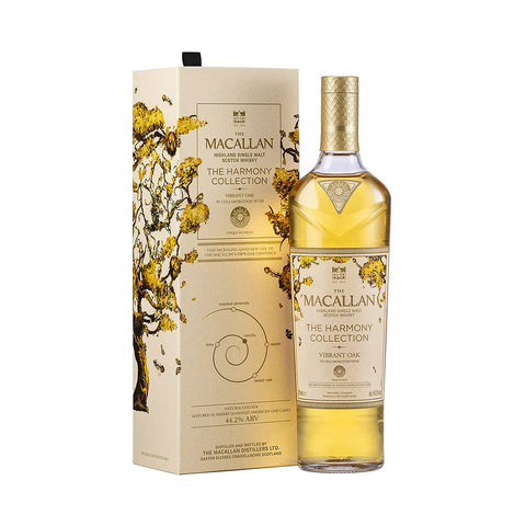 Macallan Harmony 2024 Vibrant Oak bottle against neutral background.