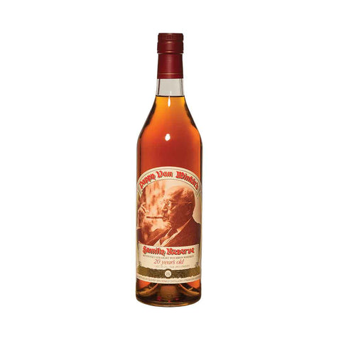 Pappy Van Winkle Family Reserve 20 Year Old bourbon bottle against neutral background.