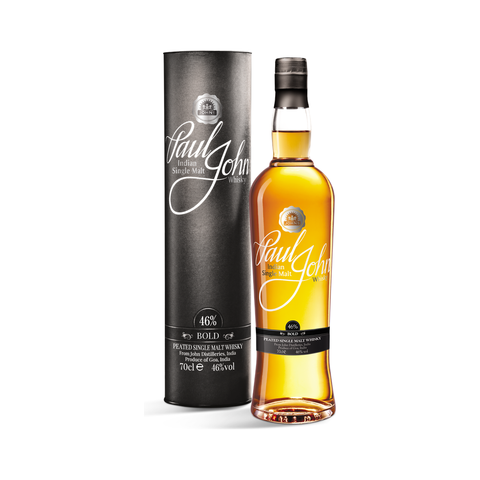 Paul John Bold 700ml peated Indian single malt whisky bottle with gift tube