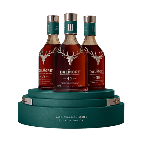 The Dalmore Cask Curation Series The Port Edition trio of single malt whiskies on presentation stand