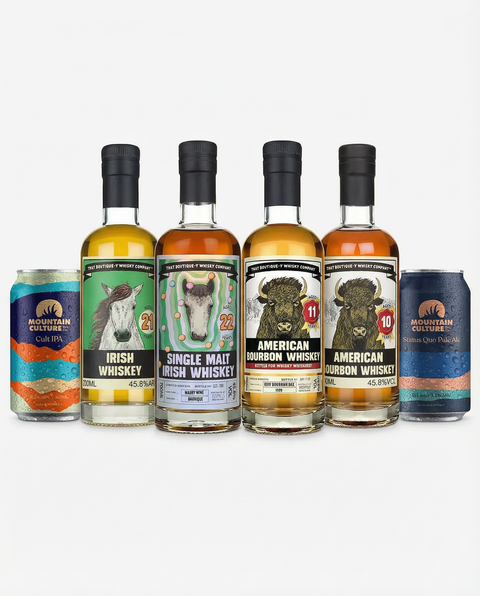 Three spirit bottles arranged with tasting notes and event details for virtual tasting session.
